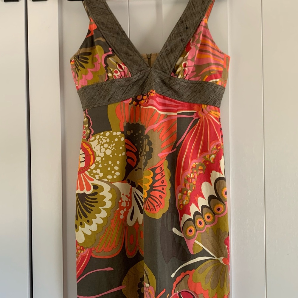 Trina Turk Silk Linen Blend Dress Womens 10 Tropical Floral Sleeveless V Neck - Picture 9 of 16